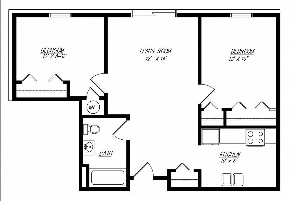 Floor plan for 2 beds, 1 bath, 738 sqft